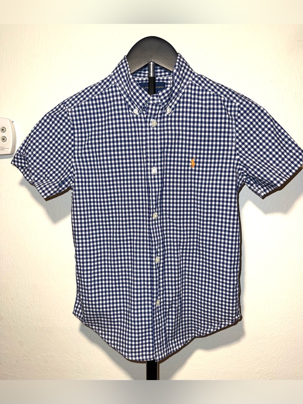 Polo by Ralph Lauren Boys Blue Gingham Short-Sleeve Button-Down Shirt, size 7
